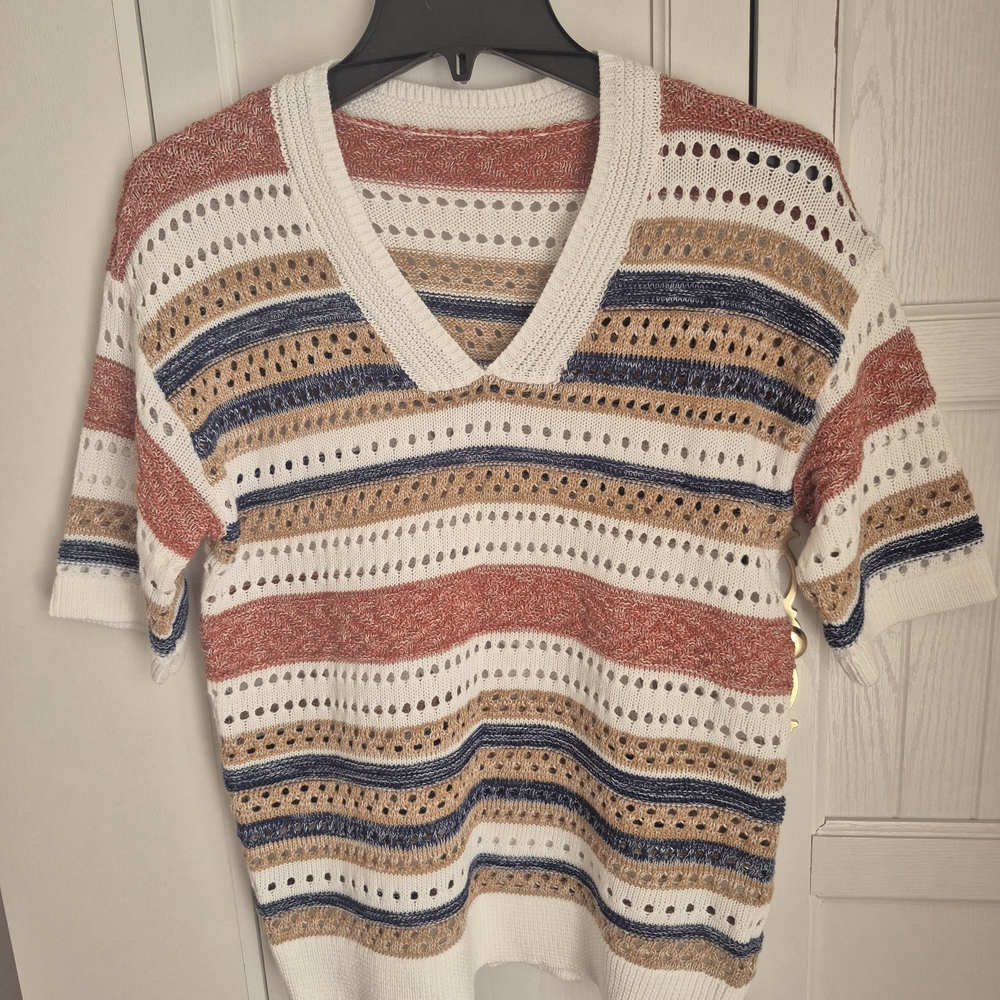 Striped V-Neck Knit Top in Cream with Rust, Navy & Tan